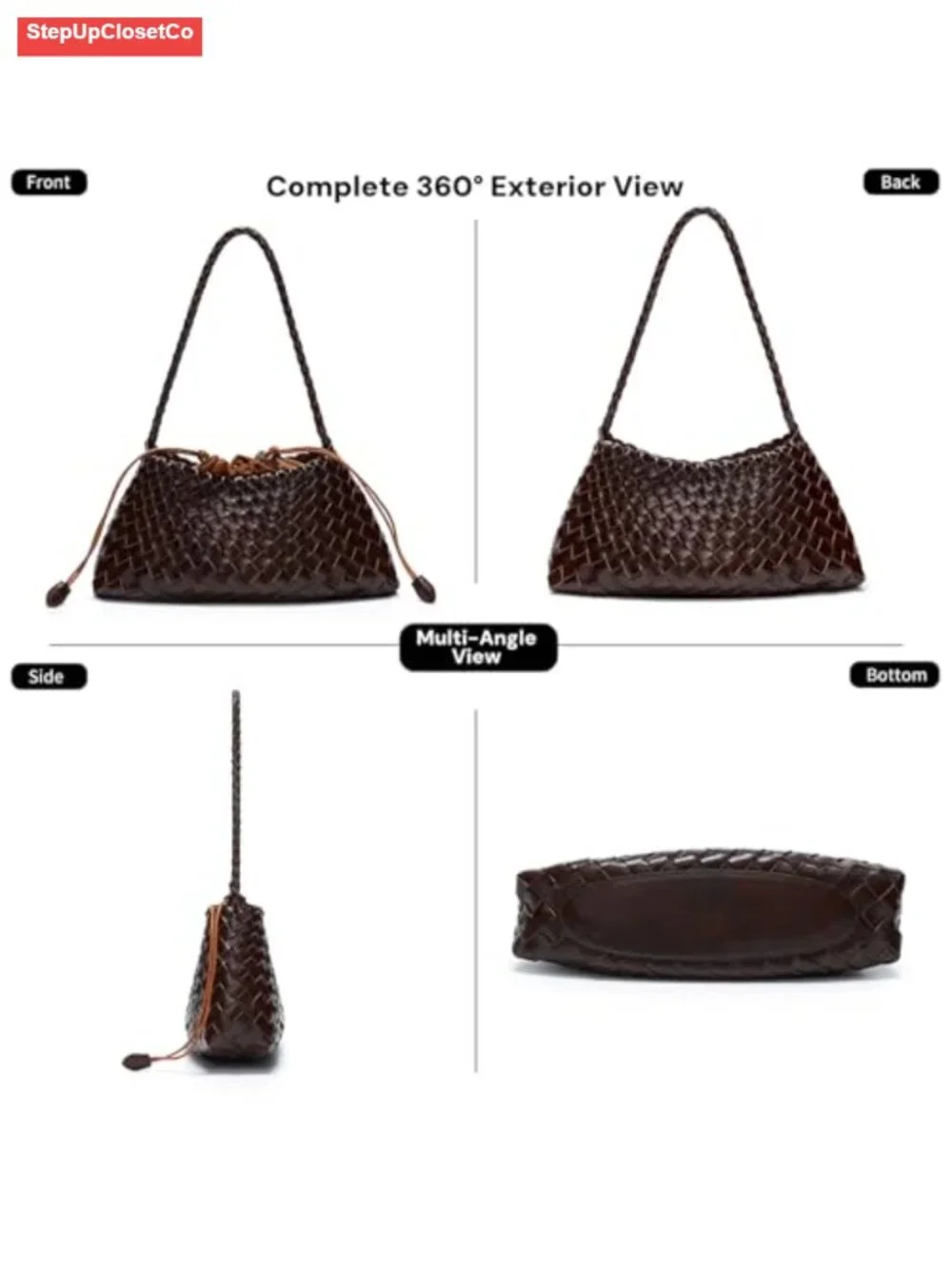Vegan Leather Woven Hobo Shoulder Bag with Drawstring Pouch, Braided Strap